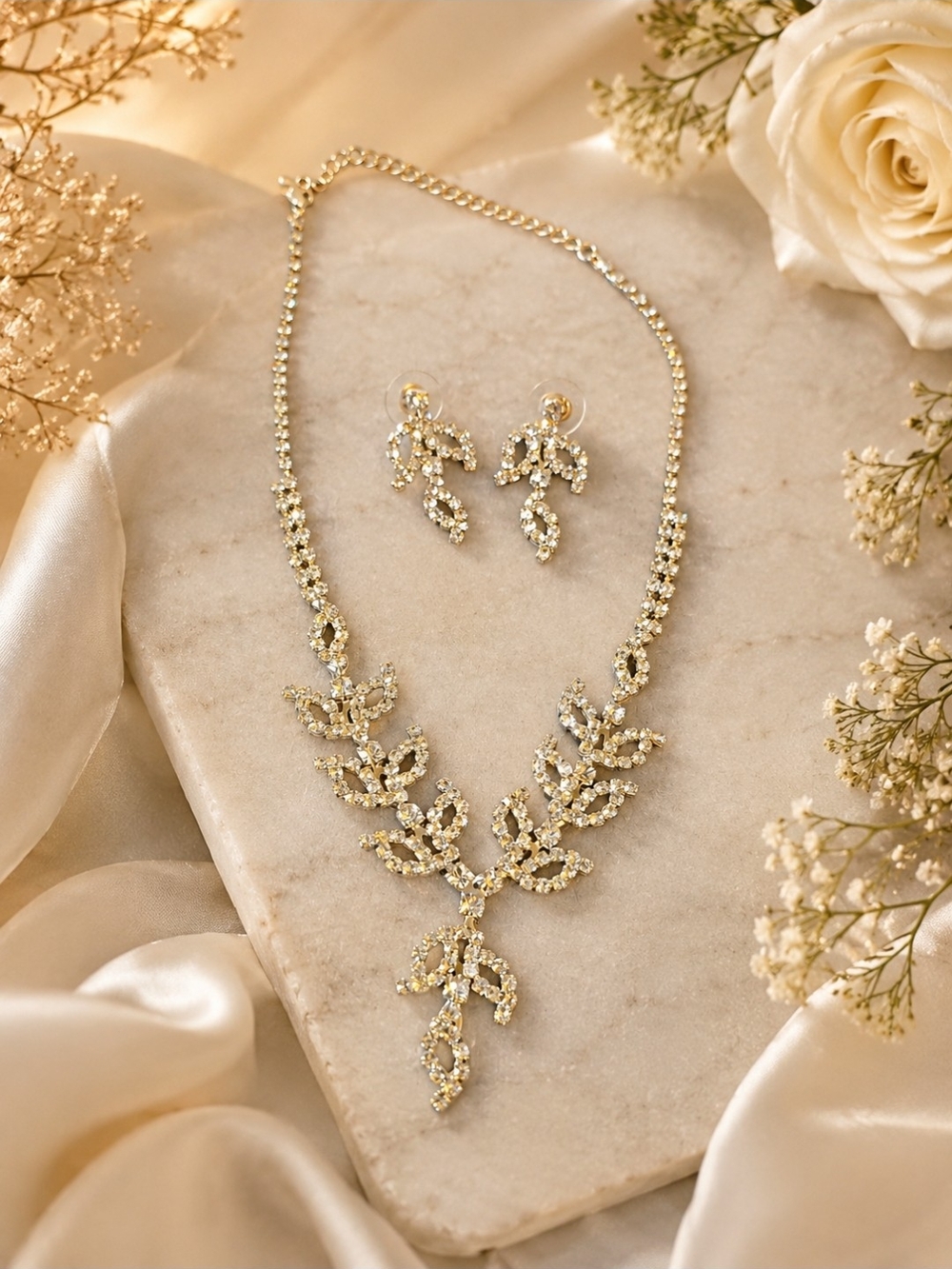 Elegant Rhinestone Leaf Statement Necklace & Earring Set – Never Worn